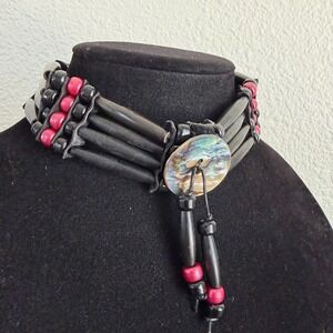 Vintage Native American Style Beaded Boho Choker Abalone Shell Suede Tassel